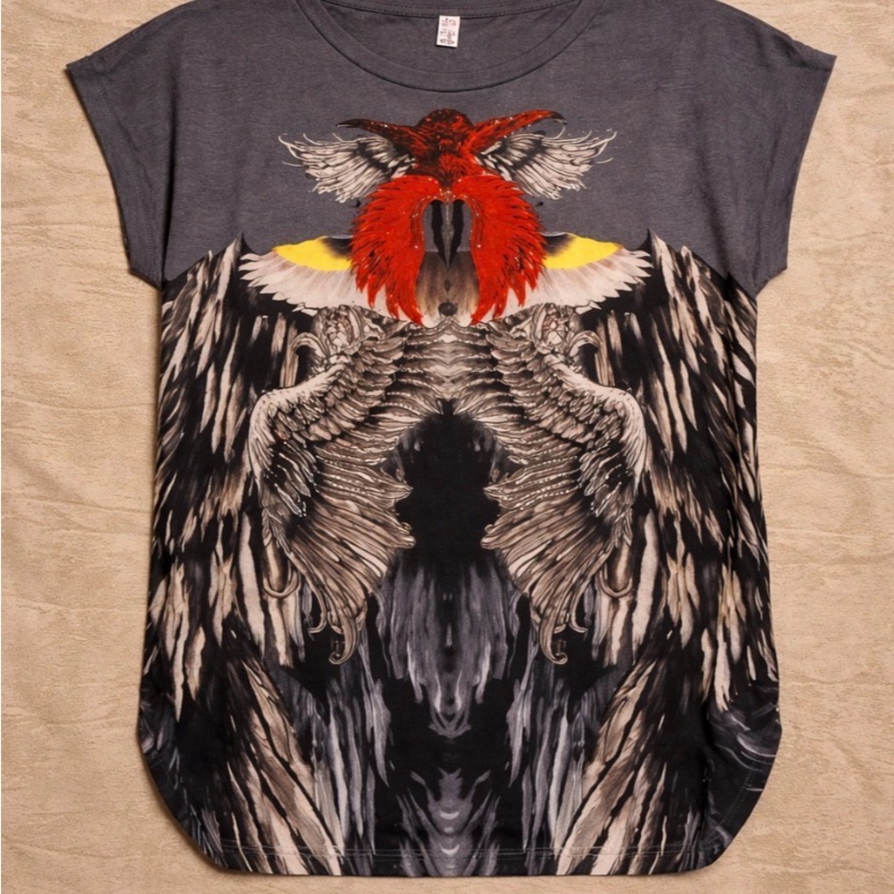 Graphic Short Sleeve Tee - Gray and Red “Pheonix Winged Graphic T”
